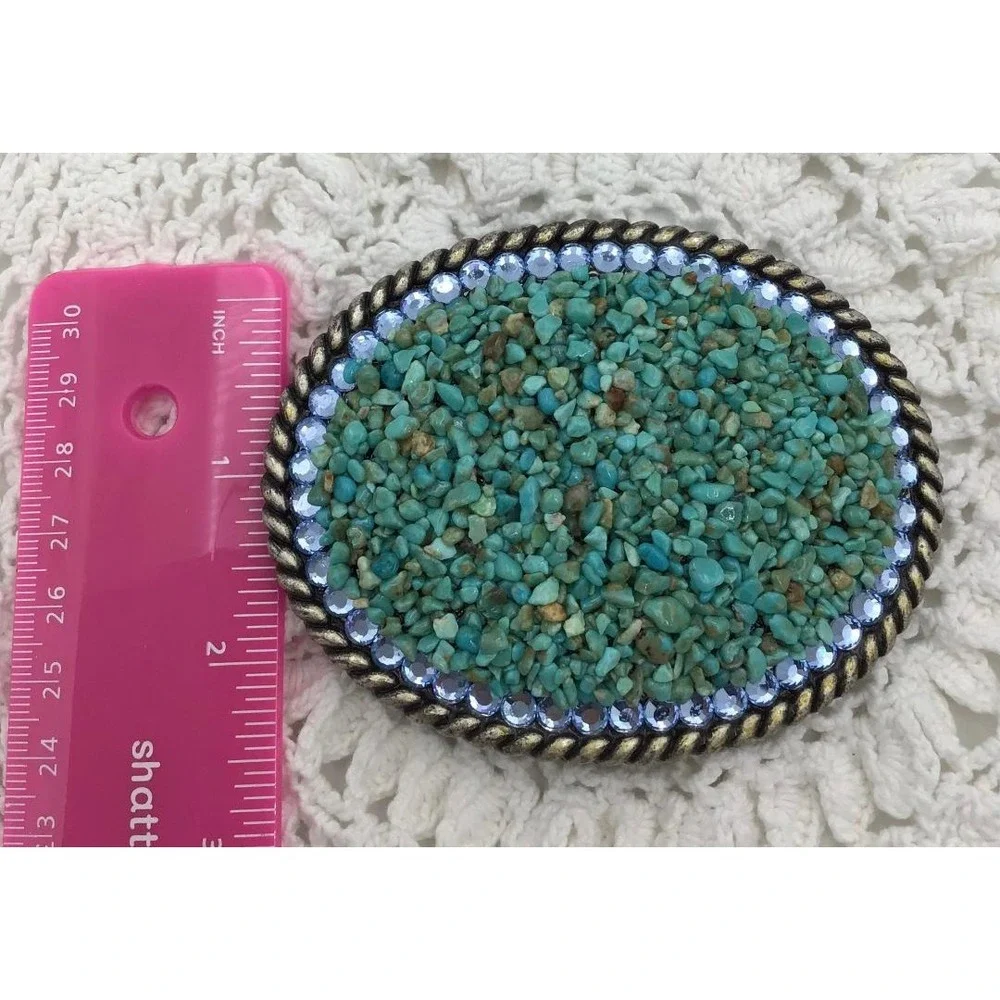 Vintage Turquoise Chip Belt Buckle Blue Rhinestone Rope Edge Western Boho